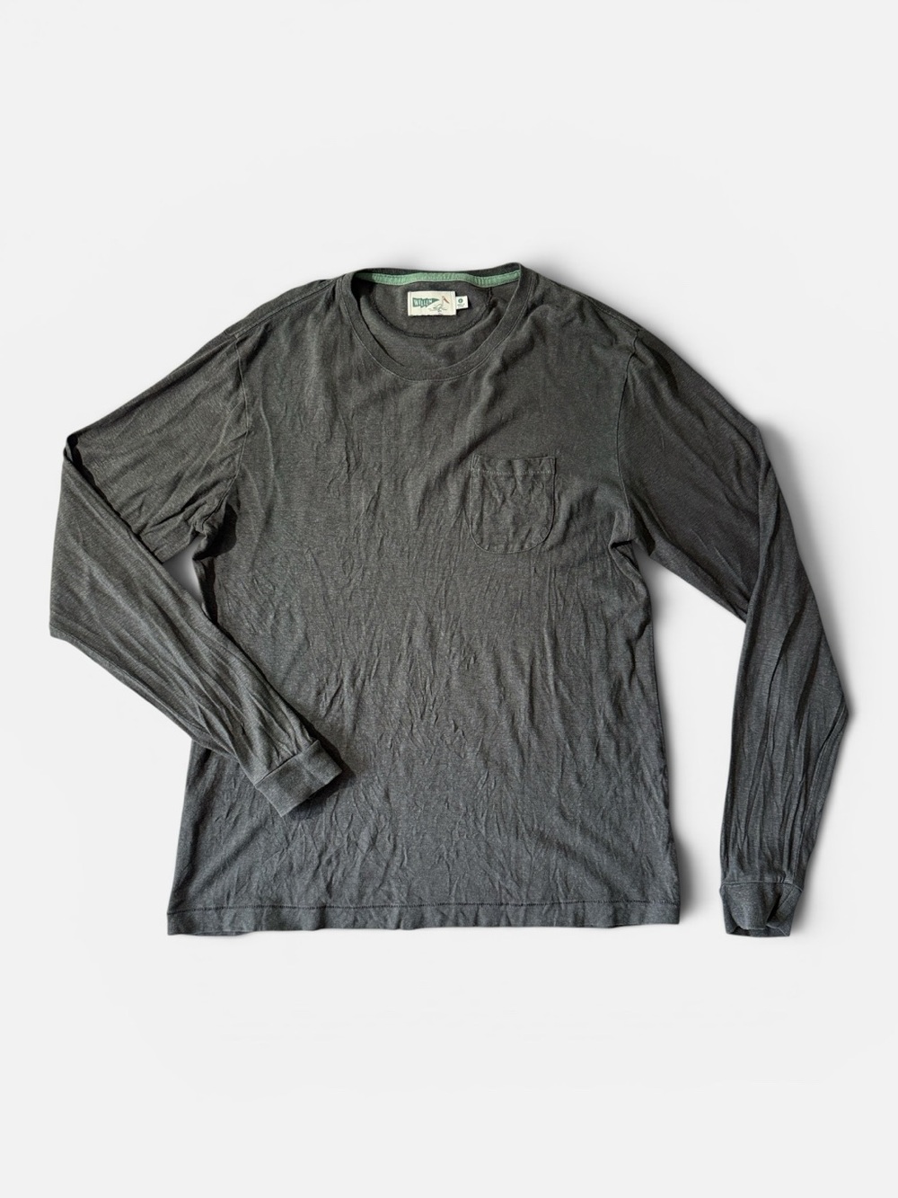 Wellen mens L Large grey solid organic cotton hemp long sleeve crewneck t-shirt